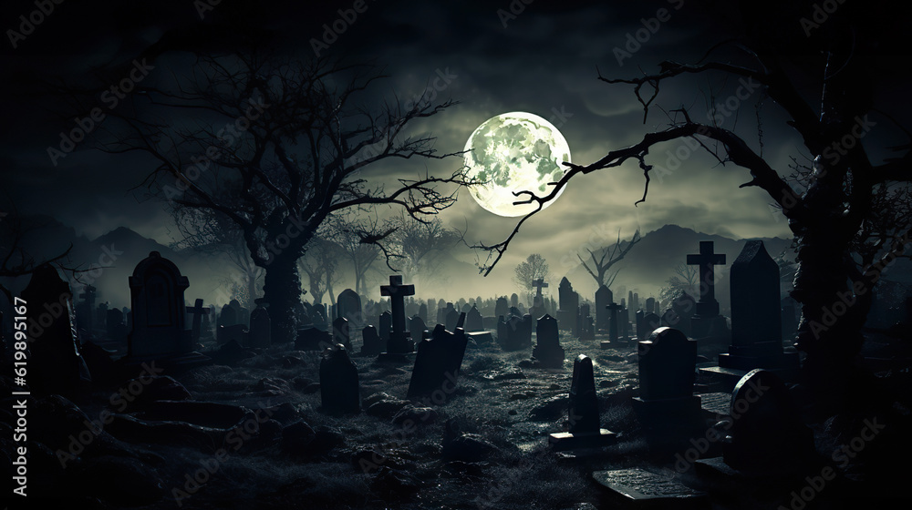 Nocturnal Descent Eerie Horror Cemetery at Night. created with Generative AI Nocturnal Descent Eerie Horror Cemetery at Night. created with Generative AI