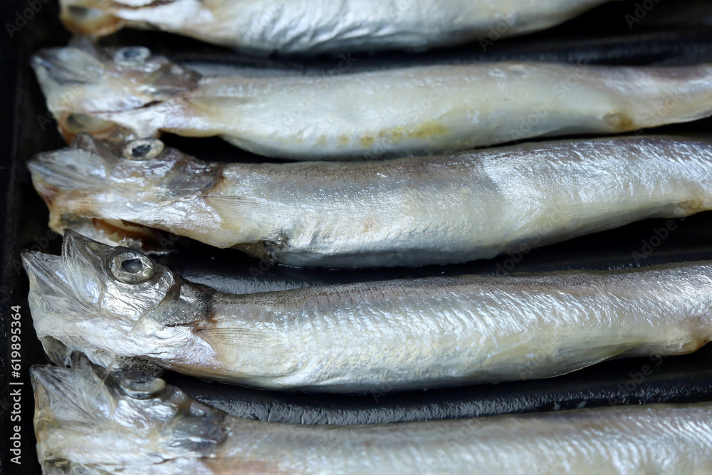 Fresh raw capelin fish on black background Fresh raw capelin fish on black background