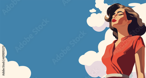 Vector banner flat vintage retro pinup girl brunette on vacation outdoors clouds sky 70s 80s retro banner tourism