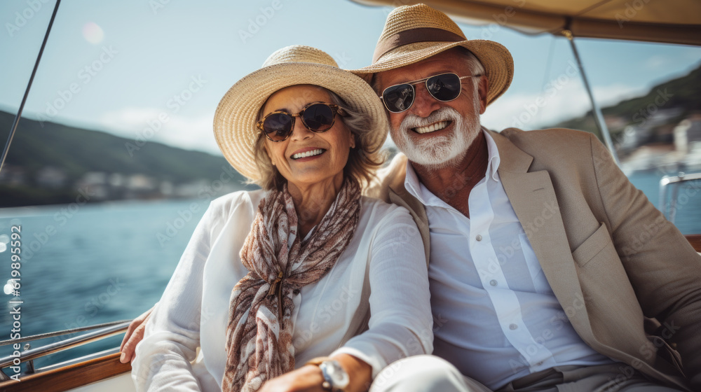 Senior couple living life to the fullest as they spend blissful moments on a luxurious yacht. With the glistening sea and clear blue sky as their backdrop, they revel in the joys of their golden years