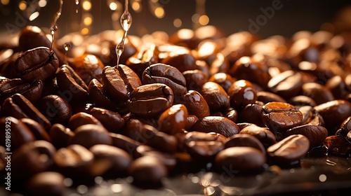 Many roasted coffee beans flying Generative AI photo