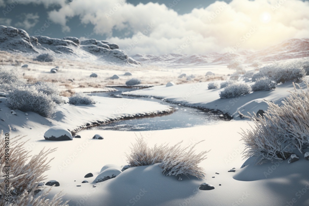 Perspective Natural Landscape with snowy plains, Generative AI