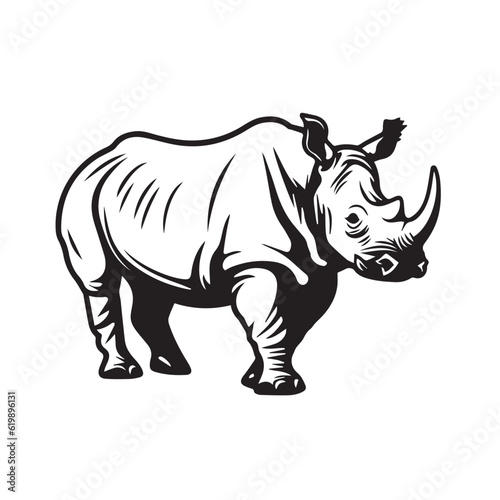 African savannah standing rhinoceros isolated in cartoon style. Educational zoology illustration  coloring book picture. Logo  icon style. Black and white