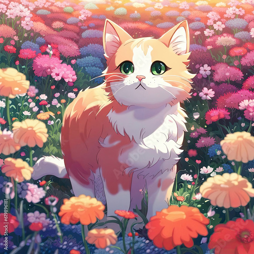 Generative AI cute cat  cute little cats  cute kitten sitting in flower field  anime cat  cute anime cat  kitty  cute little anime cat  cute kitten  aesthetic anime cat  adorable cat  adorable kitten