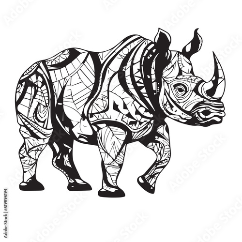 African savannah standing rhinoceros isolated in cartoon style. Educational zoology illustration  coloring book picture. Logo  icon style. Black and white