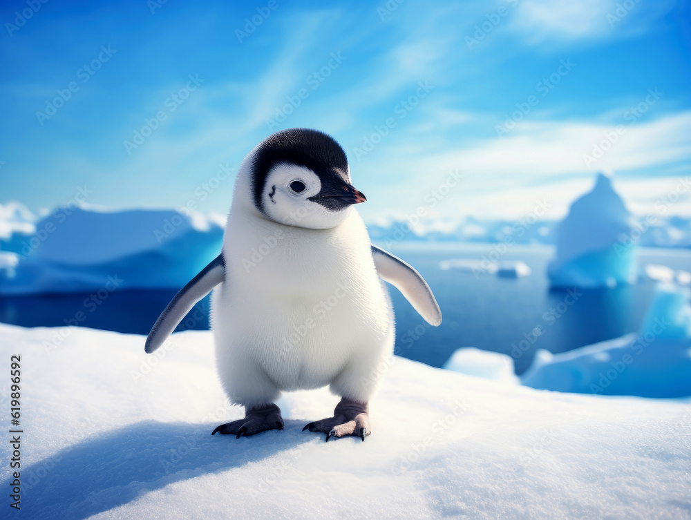 Cute penguin against the snowy blue ocean