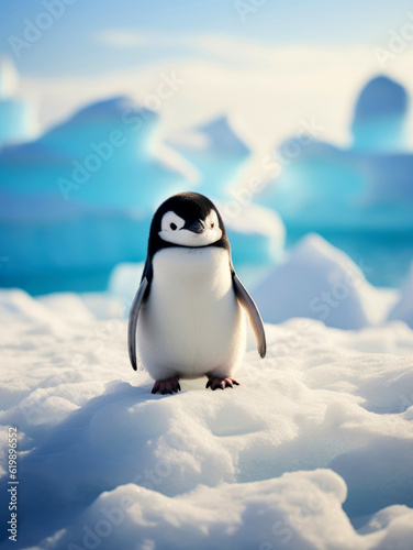 Cute penguin against the snowy blue ocean