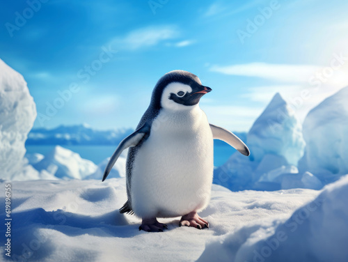 Cute penguin against the snowy blue ocean © Veniamin Kraskov