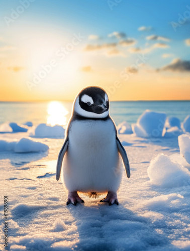 Cute penguin against the snowy blue ocean