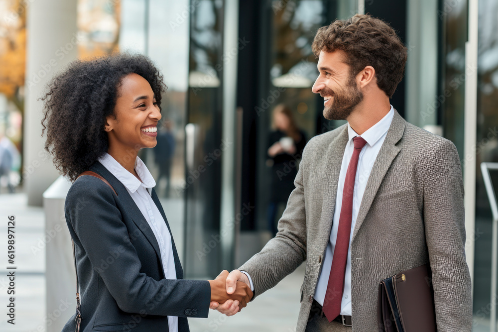 African American woman shaking hands with a man standing at the business center. Photorealistic illustration of Generative AI. African American woman shaking hands with a man standing at the business center. Photorealistic illustration of Generative AI.