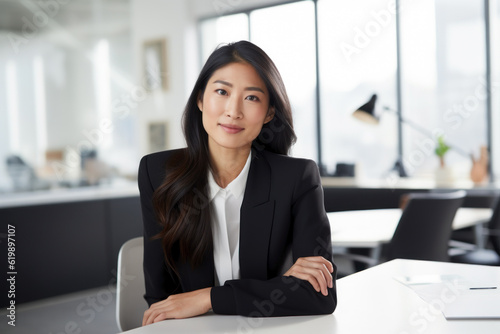 Beautiful asian woman businesswoman sitting with her hands clasped at the table in the open space office. Photorealistic illustration of Generative AI.