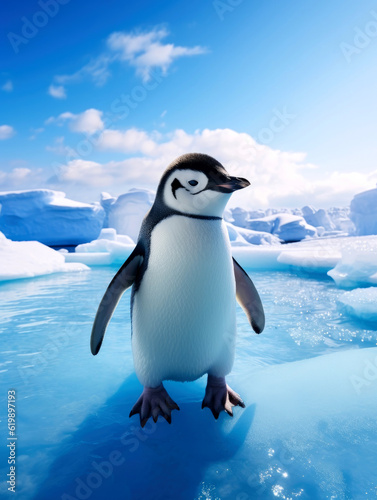 Cute penguin against the snowy blue ocean