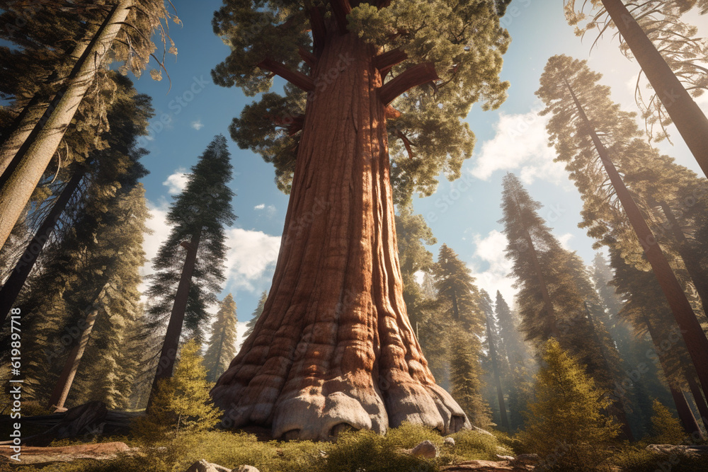 Big sequoia in the national park, nature, trees and plant, illustration. Generative AI. Forest, forestry, redwood, pine, landscape and environment, image - obrazy, fototapety, plakaty 