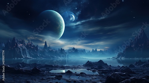 Panorama of distant planet system in space 3 D rendering Generative AI