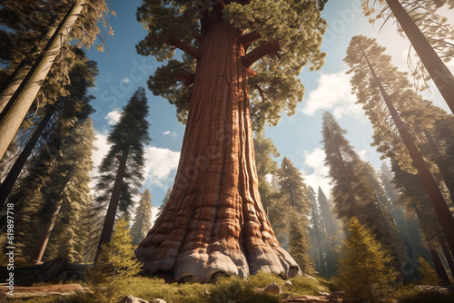 Big sequoia in the national park, nature, trees and plant, illustration. Generative AI. Forest, forestry, redwood, pine, landscape and environment, image photo
