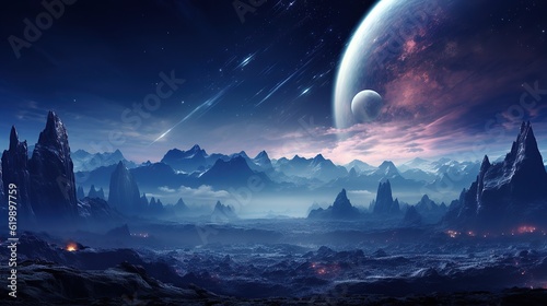 Panorama of distant planet system in space 3 D rendering Generative AI © pector