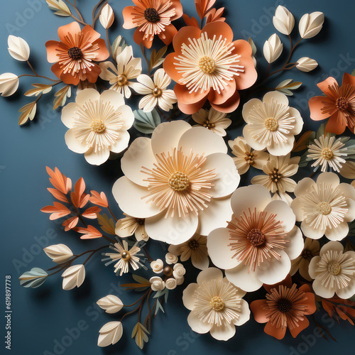 Square background, paper flowers on a dark blue background. AI generative.