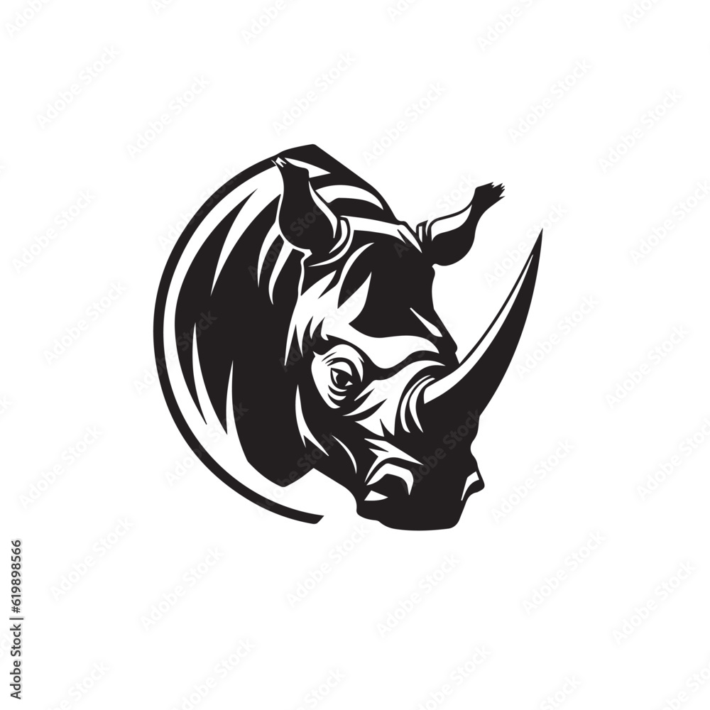 African savannah standing rhinoceros isolated in cartoon style. Educational zoology illustration, coloring book picture. Logo, icon style. Black and white