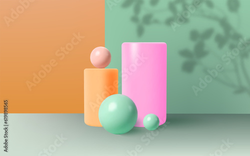 Empty 3d round podium with prism overlay.Light pastel minimal wall scene.Abstract geometric platforms.