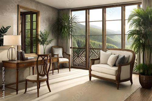Interior design of a tropical oasis in the drawing room with lush indoor plants, bamboo accents, and rattan furniture for a luxurious and exotic atmosphere | Generative AI