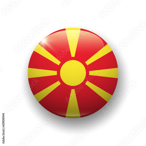 Realistic glossy button with flag of North Macedonia. 3d vector element with shadow underneath. Best for mobile apps, UI and web design.