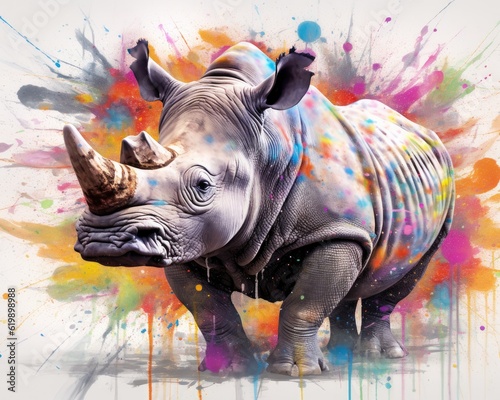 rhino  form and spirit through an abstract lens. dynamic and expressive rhino print by using bold brushstrokes, splatters, and drips of paint.  rhino raw power and untamed energy © PinkiePie