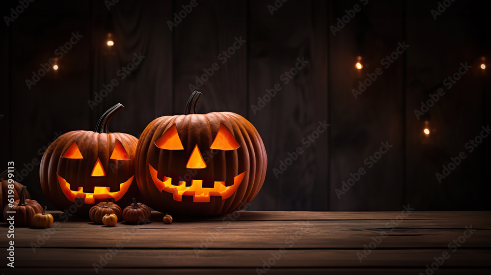 Fototapeta premium Spooky Delights Scary Halloween Pumpkin Decoration on Wooden Table for Product Showcase. Jack-o'-Lantern on Rustic Plank. created with Generative AI