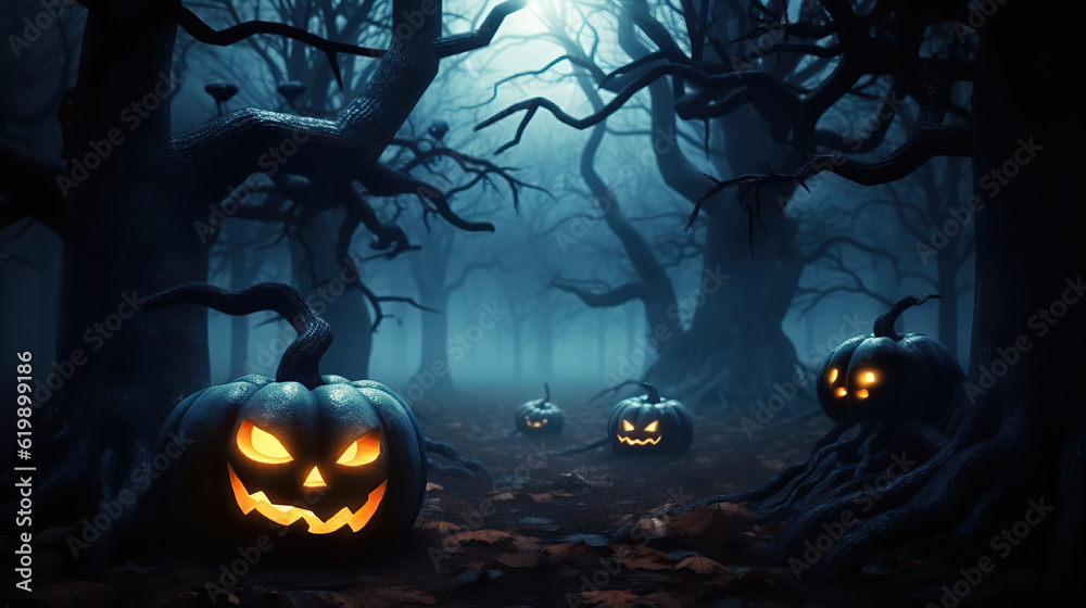 Enchanting Haunted Forest Blue Moon Halloween Night with Spectral Jack-o'-Lanterns. created with Generative AI