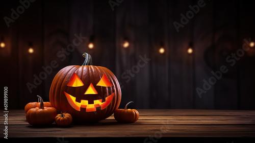Spooky Delights Scary Halloween Pumpkin Decoration on Wooden Table for Product Showcase. Jack-o'-Lantern on Rustic Plank. created with Generative AI