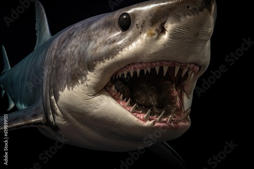 huge shark is isolated on the black background. Shark selfie. business shark