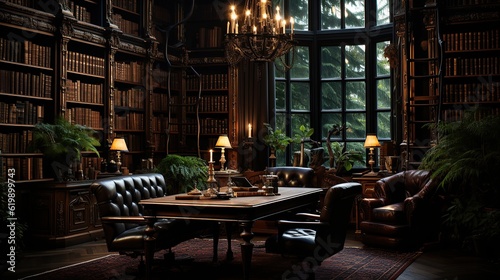 Reading room in old library or house dark vibs Generative AI