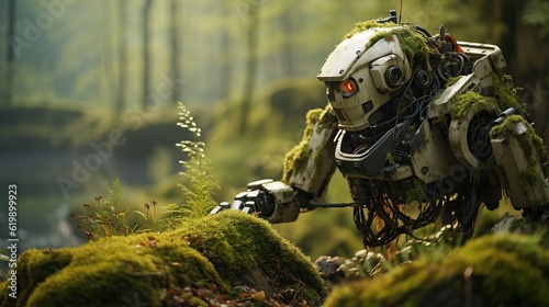 Robot overgrown with moss and roots Generative AI