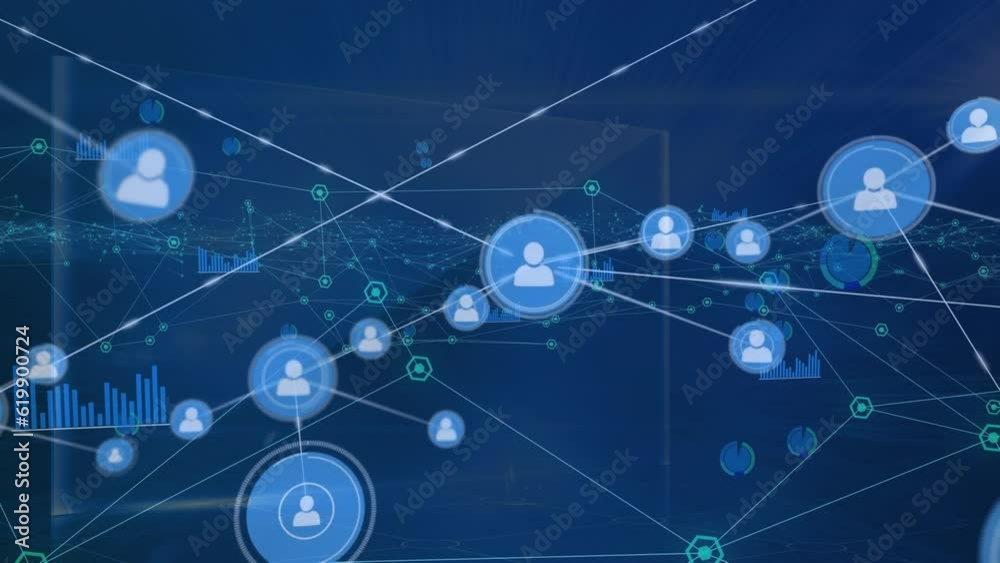 Animation of network of connections with people icons over dark background Animation of network of connections with people icons over dark background