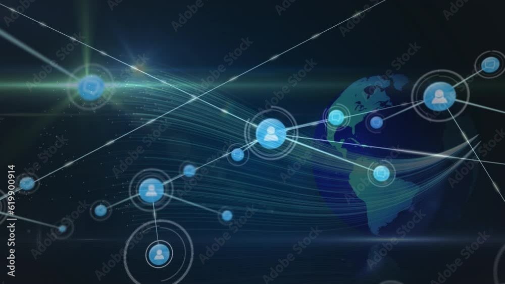 Animation of network of connections with people icons over globe on dark background Animation of network of connections with people icons over globe on dark background
