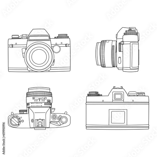 Set of hand drawing old SLR vintage film photo camera. Different four view shot - front, rear, side and top. Isolated doodle vector illustration	