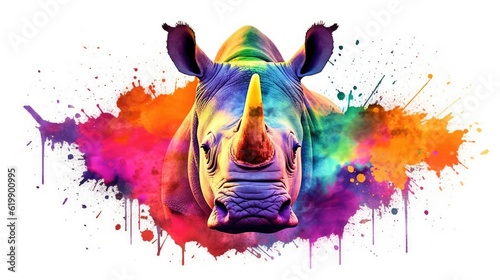 rhino form and spirit through an abstract lens. dynamic and expressive rhino print by using bold brushstrokes, splatters, and drips of paint. rhino raw power and untamed energy