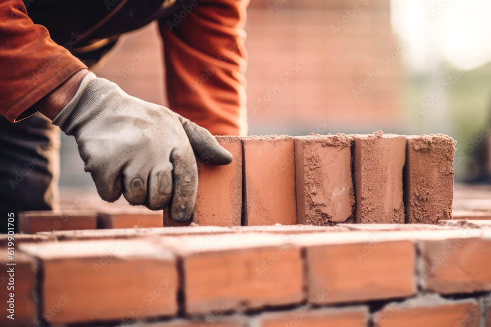 bricklayer working on brick wall at construction site. generative AI
