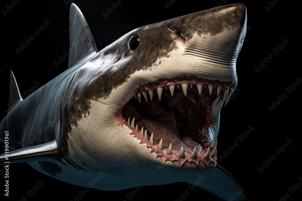 Naklejka premium huge shark is isolated on the black background. Shark selfie. business shark