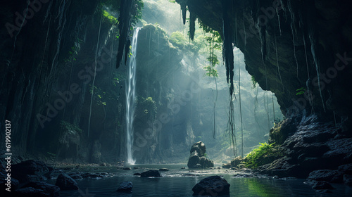 Jungle cave and waterfall. Generative AI