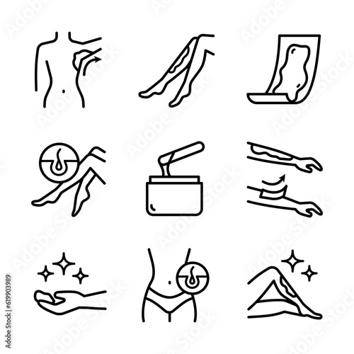 Waxing linear icons set. Female hair removal procedure. Depilation equipment