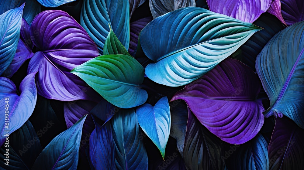 Tropical leaves in bright purple and blue Generative AI