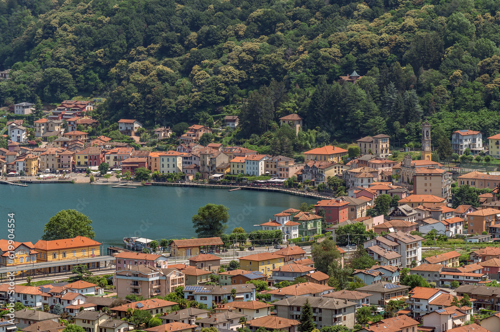 Panoramic aerial view of Porto Ceresio and Lake Lugano, Varese, Italy