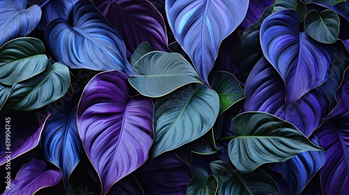 Tropical leaves in bright purple and blue Generative AI