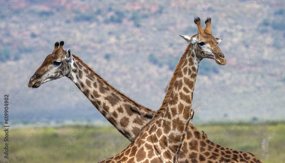 Two giraffes crisscrossing each other in a V shape Two giraffes crisscrossing each other in a V shape