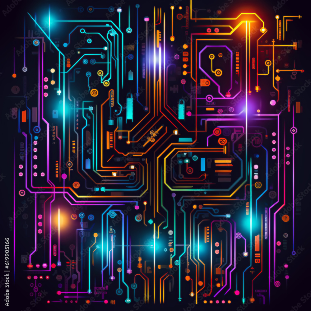 illustration. abstract representation. multi-colored computer motherboard lines