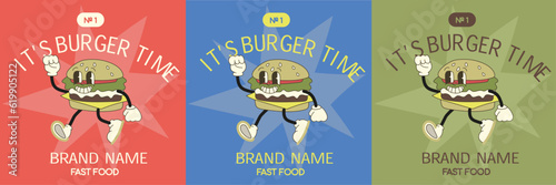 Cartoon characters fast food 90s. Funny colorful characters in doodle style, hamburger,  with white gloved hands. Vector illustration with typography elements. Fashion poster. 