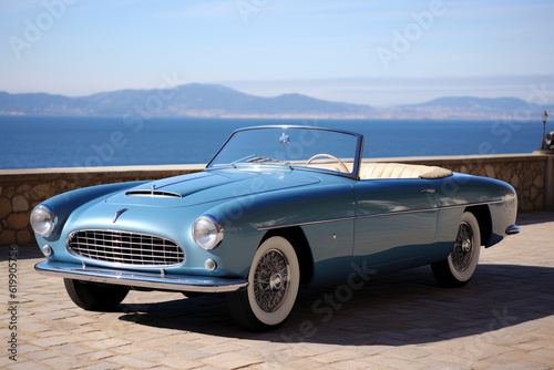 Blue retro car cabriolet on the road against the backdrop of mountains. Photorealistic illustration of Generative AI.