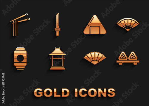 Set Japan Gate, Paper chinese or japanese folding fan, Sushi on cutting board, Japanese paper lantern, Asian noodles and chopsticks and katana icon. Vector