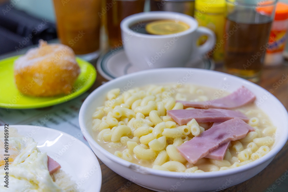 Macaroni with ham in restaurant Macaroni with ham in restaurant