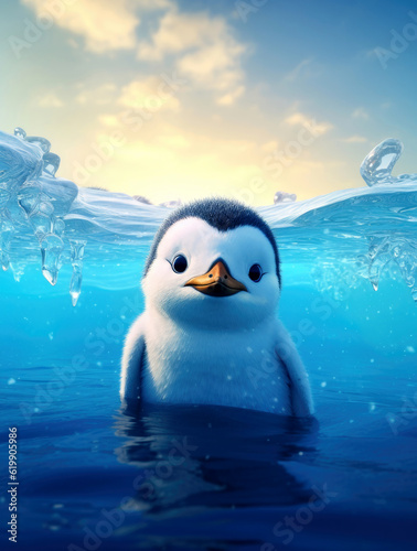Cartoon penguin against the snowy blue ocean